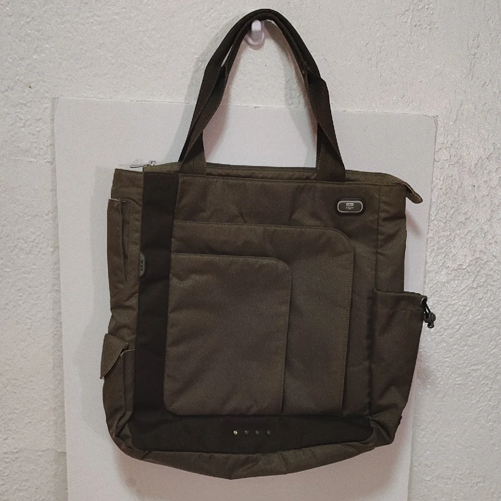 Tumi T Tech Olive Army Green Ballistic Nylon Tote Bag Water Bottle Slot